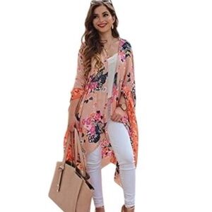 Moss Rose Womens Boho Pink Floral Kimono Cardigan Beach Cover Up OS Fits All NWT